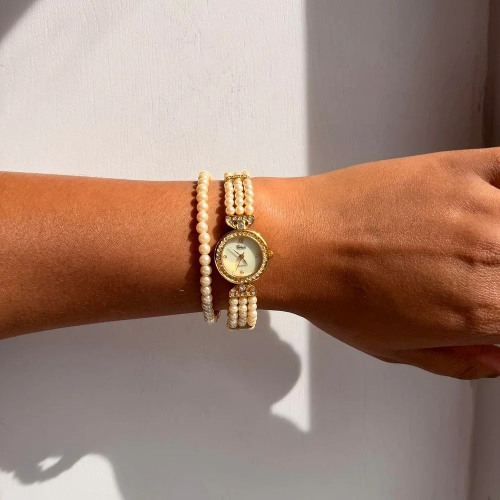 GOLD TONE GALAXIE BY ELGIN FAUX PEARL WATCH AND BRACELET SET